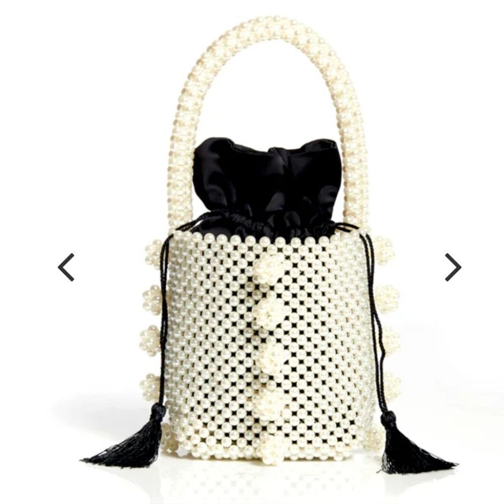 Emma Kou NY Ravelo White Pearl Black Satin Evening Bag Purse NEW